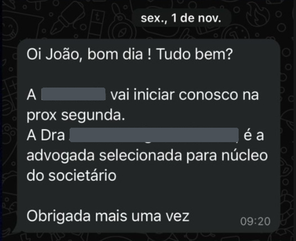 Mensagem de Viviane, da AFO Advogados, confirmando duas advogadas contratadas pela Septem